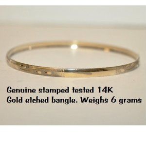 Genuine Solid 14K Gold Etched Bangle Bracelet
